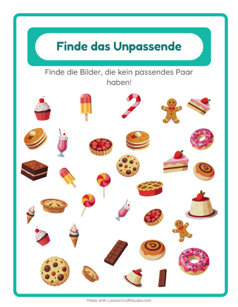 Vorschau: Objekte finden-Arbeitsblatt mit Desserts und Süßigkeiten für Kindergarten