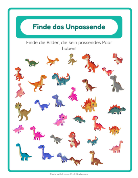 Vorschau: Objekte finden-Arbeitsblatt mit Dinosaurier für Kindergarten