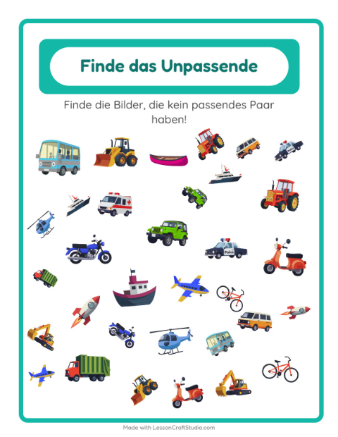 Vorschau: Objekte finden-Arbeitsblatt mit Fahrzeuge für Kindergarten