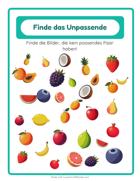 Vorschau: Suchbild mit Äpfeln, Bananen und Birnen – Einzelbilder finden – Arbeitsblatt für die Vorschule