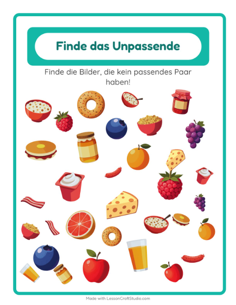 Vorschau: Objekte finden-Arbeitsblatt mit Frühstück für Kindergarten
