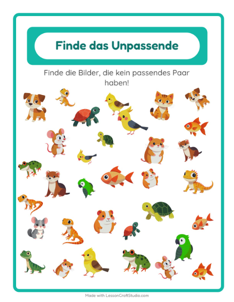Vorschau: Objekte finden-Arbeitsblatt mit Haustiere für Kindergarten