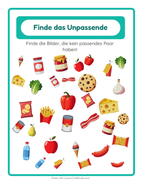 Vorschau: Objekte finden-Arbeitsblatt mit Im Supermarkt für Kindergarten