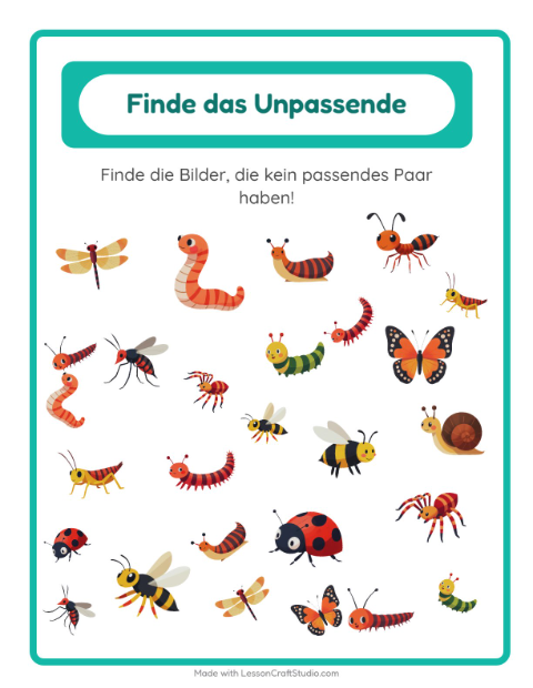 Vorschau: Objekte finden-Arbeitsblatt mit Insekten und Käfer für Kindergarten