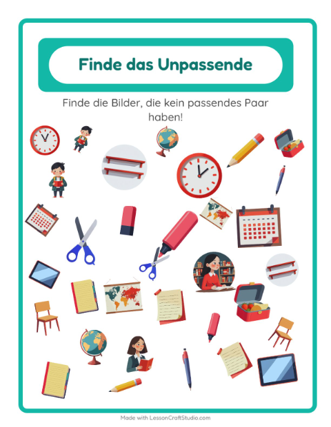 Vorschau: Objekte finden-Arbeitsblatt mit Klassenzimmer für Kindergarten