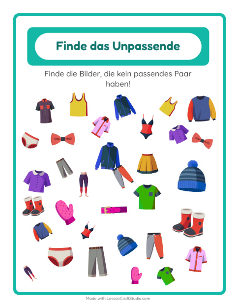 Vorschau: Objekte finden-Arbeitsblatt mit Kleidung für Kindergarten