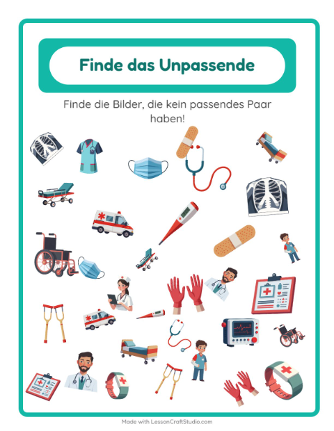 Vorschau: Objekte finden-Arbeitsblatt mit Krankenhaus für Kindergarten