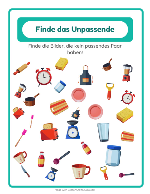 Vorschau: Objekte finden-Arbeitsblatt mit Küchenwerkzeuge für Kindergarten