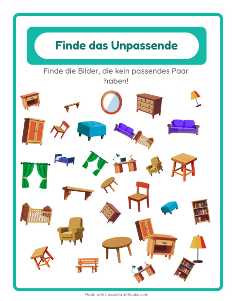 Vorschau: Objekte finden-Arbeitsblatt mit Möbel für Kindergarten