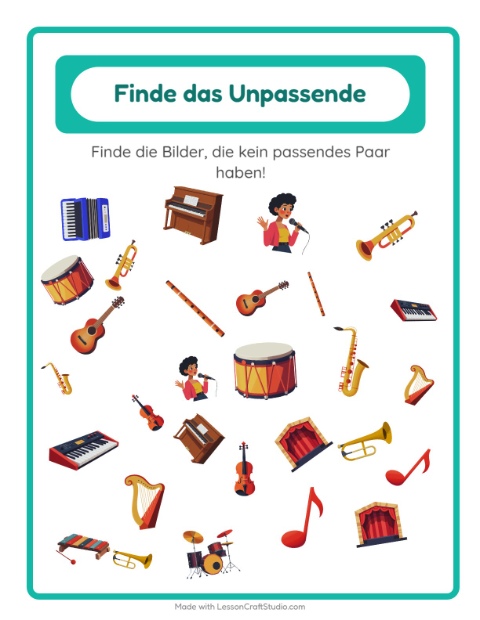 Vorschau: Objekte finden-Arbeitsblatt mit Musik für Kindergarten