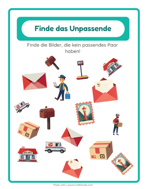 Vorschau: Objekte finden-Arbeitsblatt mit Postamt für Kindergarten