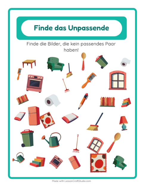 Vorschau: Objekte finden-Arbeitsblatt mit Rund ums Haus für Kindergarten