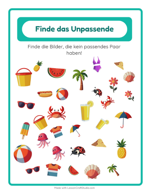 Vorschau: Objekte finden-Arbeitsblatt mit Sommer für Kindergarten