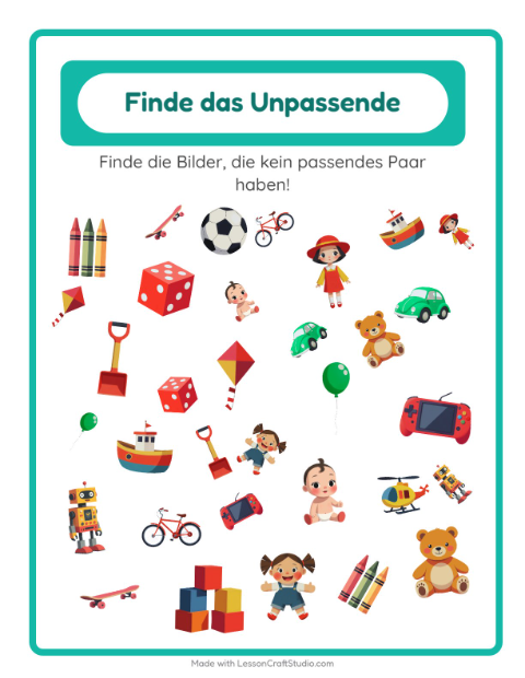 Vorschau: Objekte finden-Arbeitsblatt mit Spielzeug für Kindergarten