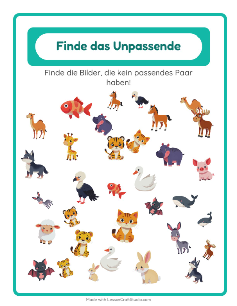 Vorschau: Objekte finden-Arbeitsblatt mit Tiere für Kindergarten