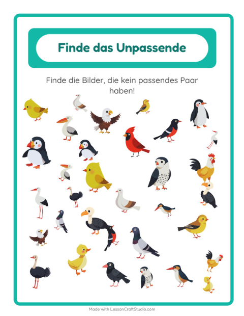 Vorschau: Objekte finden-Arbeitsblatt mit Vögel 2 für Kindergarten