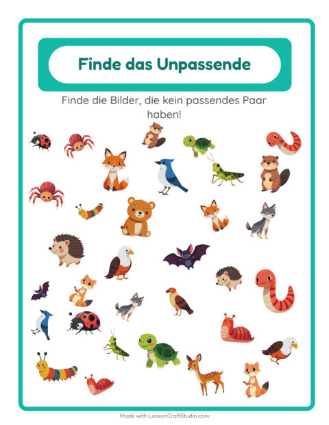 Vorschau: Objekte finden-Arbeitsblatt mit Waldtiere für Kindergarten