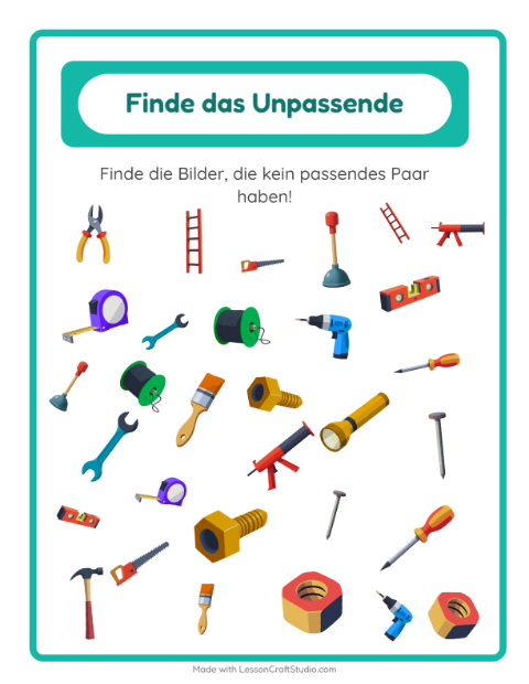 Vorschau: Objekte finden-Arbeitsblatt mit Werkzeuge für Kindergarten