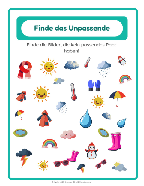 Vorschau: Objekte finden-Arbeitsblatt mit Wetter für Kindergarten