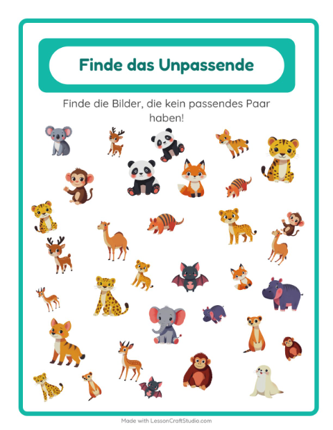 Vorschau: Objekte finden-Arbeitsblatt mit Zootiere für Kindergarten