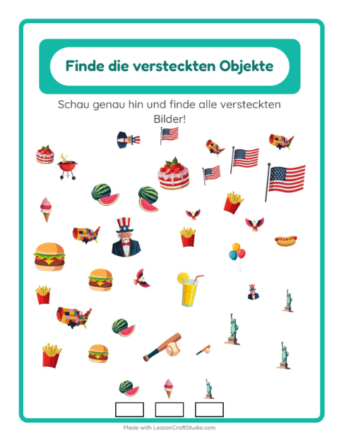 Vorschau: Objekte finden-Arbeitsblatt mit 4. Juli für Kindergarten