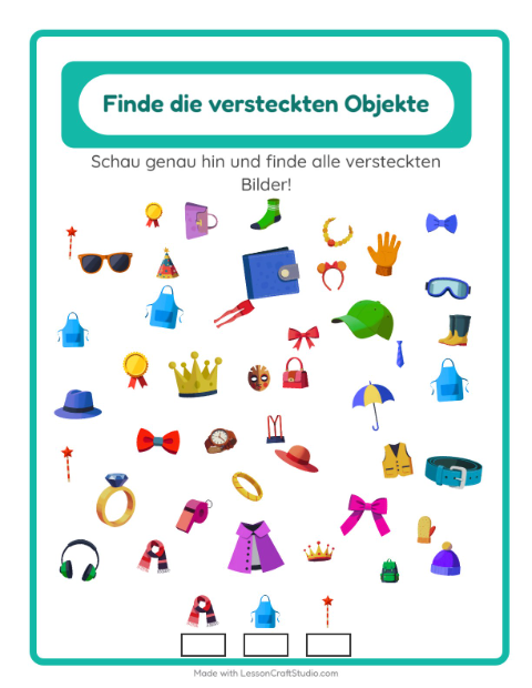 Vorschau: Objekte finden-Arbeitsblatt mit Accessoires für Kindergarten