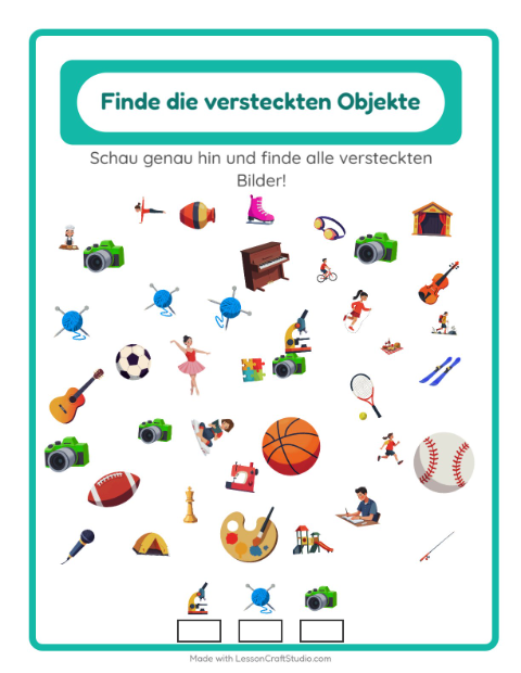 Vorschau: Objekte finden-Arbeitsblatt mit Aktivitäten für Kindergarten