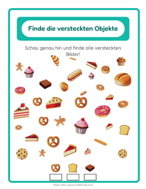 Vorschau: Objekte finden-Arbeitsblatt mit Bäckerei für Kindergarten