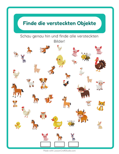Vorschau: Objekte finden-Arbeitsblatt mit Bauernhoftiere für Kindergarten