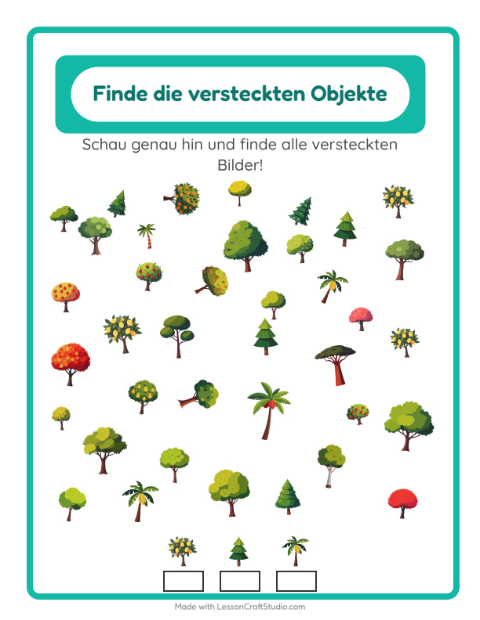 Vorschau: Objekte finden-Arbeitsblatt mit Bäume für Kindergarten