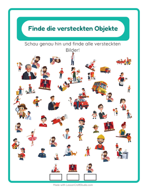 Vorschau: Objekte finden-Arbeitsblatt mit Berufe für Kindergarten