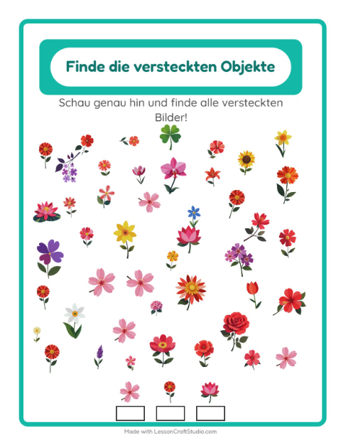 Vorschau: Objekte finden-Arbeitsblatt mit Blumen für Kindergarten