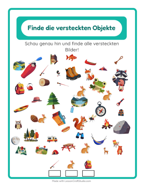 Vorschau: Objekte finden-Arbeitsblatt mit Camping für Kindergarten