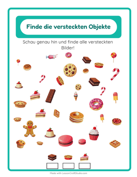 Vorschau: Objekte finden-Arbeitsblatt mit Desserts und Süßigkeiten für Kindergarten