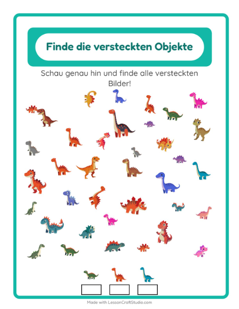 Vorschau: Objekte finden-Arbeitsblatt mit Dinosaurier für Kindergarten