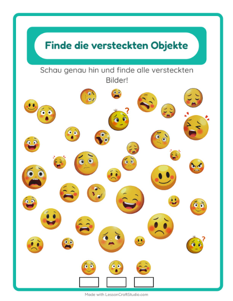 Vorschau: Objekte finden-Arbeitsblatt mit Emotionen für Kindergarten
