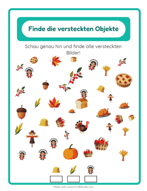Vorschau: Objekte finden-Arbeitsblatt mit Erntedankfest für Kindergarten