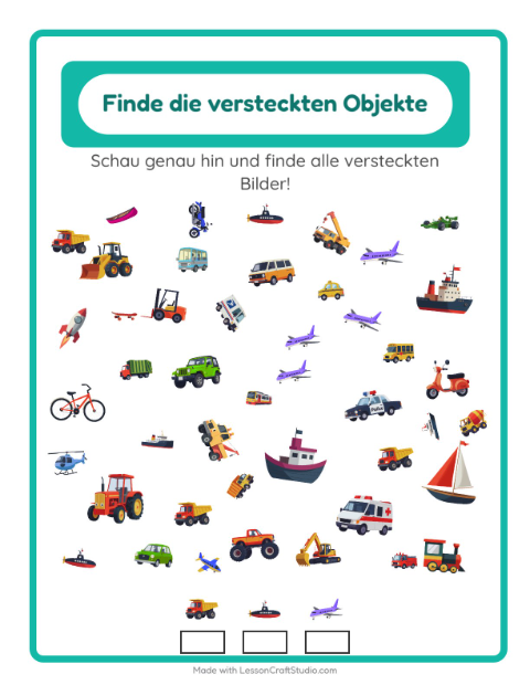 Vorschau: Objekte finden-Arbeitsblatt mit Fahrzeuge für Kindergarten