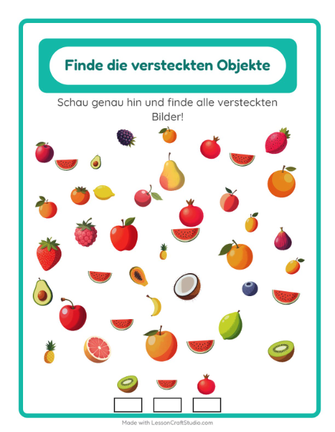 Vorschau: Objekte finden-Arbeitsblatt mit Früchte für Kindergarten