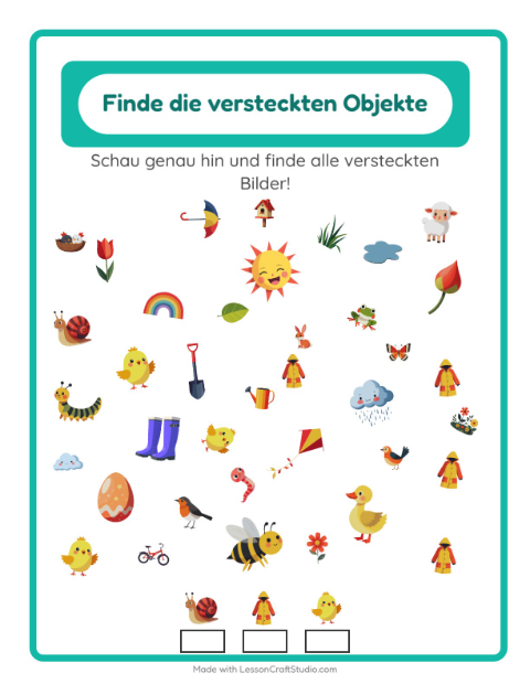 Vorschau: Objekte finden-Arbeitsblatt mit Frühling für Kindergarten