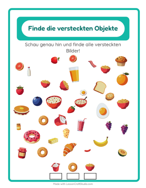 Vorschau: Objekte finden-Arbeitsblatt mit Frühstück für Kindergarten