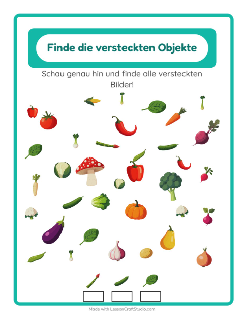 Vorschau: Objekte finden-Arbeitsblatt mit Gemüse für Kindergarten