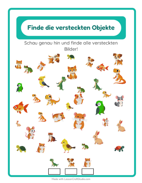 Vorschau: Objekte finden-Arbeitsblatt mit Haustiere für Kindergarten