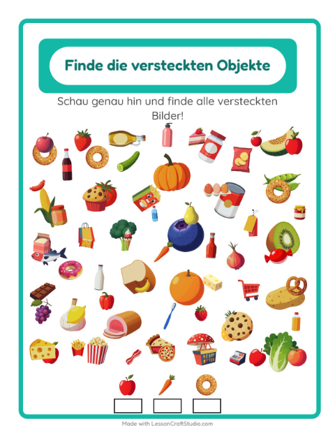 Vorschau: Objekte finden-Arbeitsblatt mit Im Supermarkt für Kindergarten