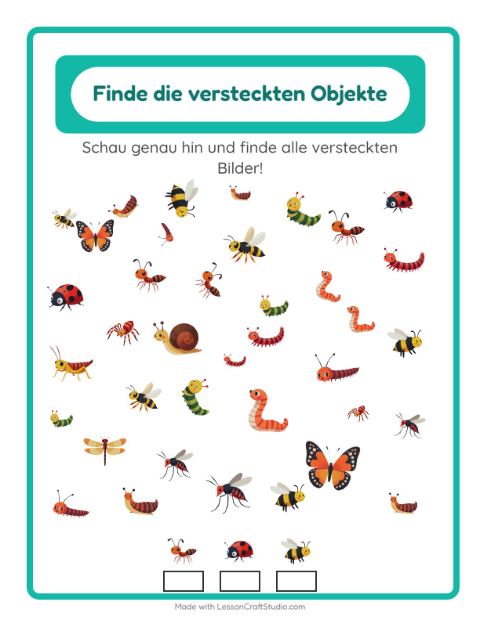 Vorschau: Objekte finden-Arbeitsblatt mit Insekten und Käfer für Kindergarten