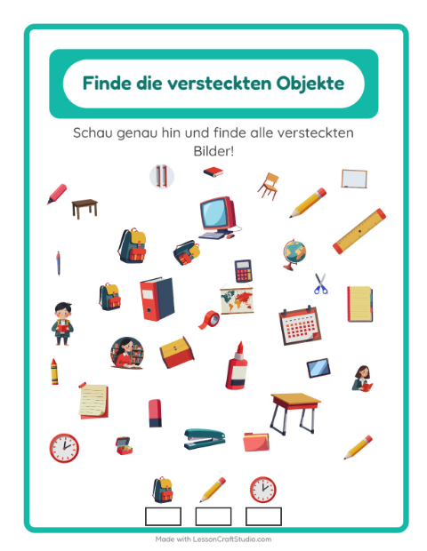 Vorschau: Objekte finden-Arbeitsblatt mit Klassenzimmer für Kindergarten