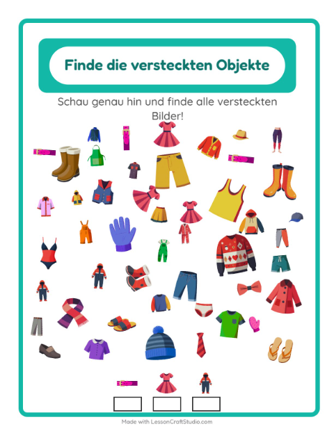 Vorschau: Objekte finden-Arbeitsblatt mit Kleidung für Kindergarten