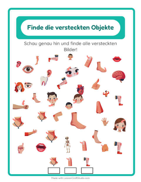 Vorschau: Objekte finden-Arbeitsblatt mit Körperteile für Kindergarten