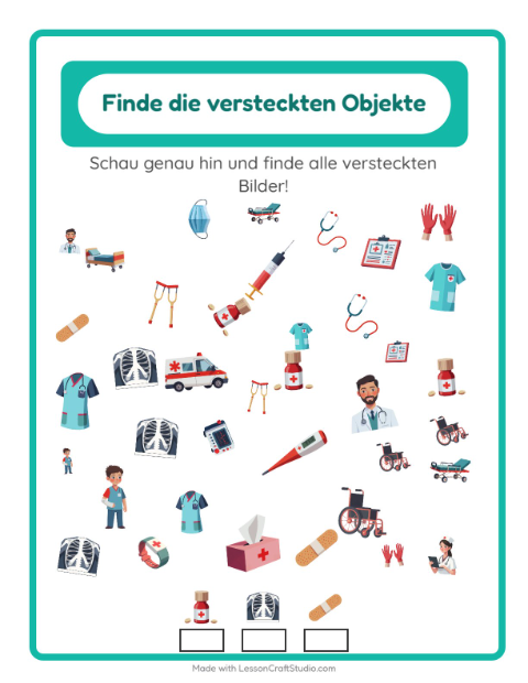 Vorschau: Objekte finden-Arbeitsblatt mit Krankenhaus für Kindergarten