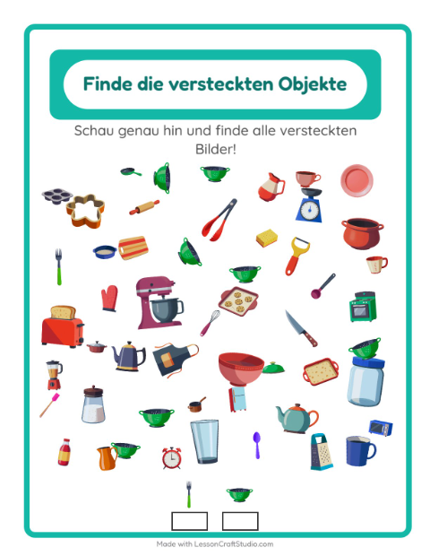 Vorschau: Objekte finden-Arbeitsblatt mit Küchenwerkzeuge für Kindergarten